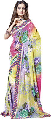 Saara Floral Print Daily Wear Georgette Saree(Yellow, Pink)