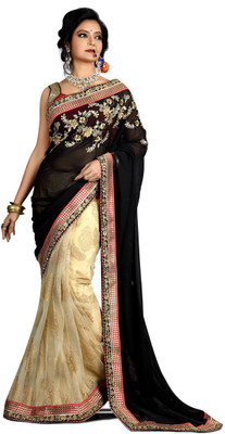 

Shoppershopee Embroidered Bollywood Georgette Saree(Black, Beige), Black and beige