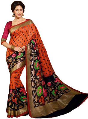 

Parisha Printed Daily Wear Art Silk Saree(Orange, Black)