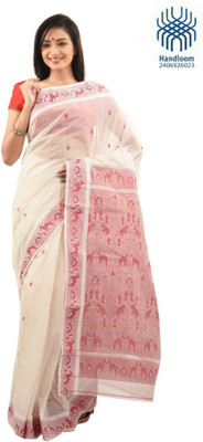 

Tantuja Self Design Dhaniakhali Handloom Cotton Saree(White), Offwhite