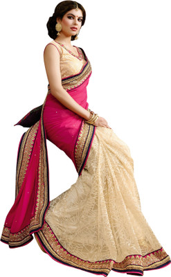 Brijraj Embroidered Fashion Net, Georgette Saree(Beige, Pink)