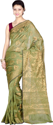 

Chandrakala Woven Banarasi Silk Cotton Blend Saree(Green), Mehendi green