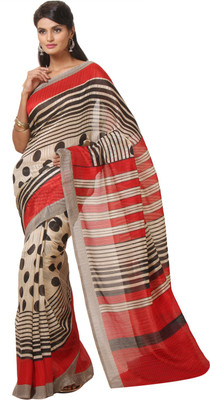 

JTInternational Printed Bhagalpuri Silk Saree(Black, Beige), Beige;black