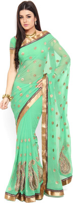 

Soch Self Design, Solid Fashion Chiffon Saree(Green, Gold)