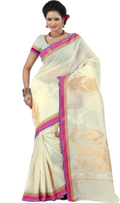 

Mimosa Printed Banarasi Handloom Cotton Saree(White), Off white