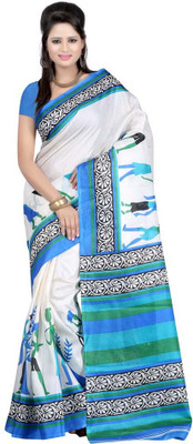 

Gunjan Creations Printed Bhagalpuri Printed Silk Saree(Multicolor), White blue mix