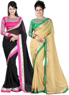 

onlinefayda Embroidered Daily Wear Chiffon Saree(Pack of 2, Black)