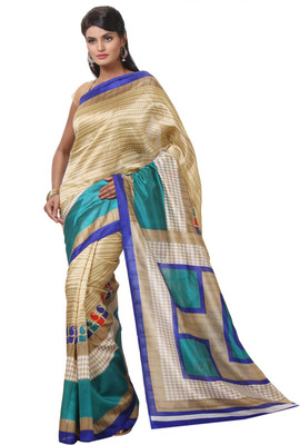 

JTInternational Printed Bhagalpuri Silk Saree(Beige, Green)