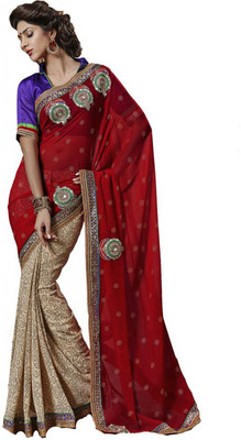 Desi Butik Self Design Fashion Chiffon Saree(Red)
