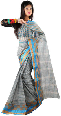 Hawai Striped Tant Handloom Cotton Saree(Grey, Blue), Blue;grey