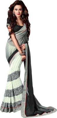 

Kanheyas Graphic Print Fashion Handloom Georgette Saree(White, Black)