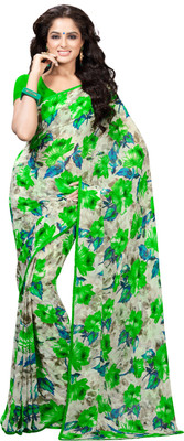 

Manthan Printed Daily Wear Georgette Saree(White, Green), Off white & green