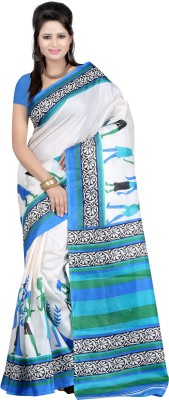 

Gunjan Creations Printed Bhagalpuri Printed Silk Saree(Multicolor), White blue mix