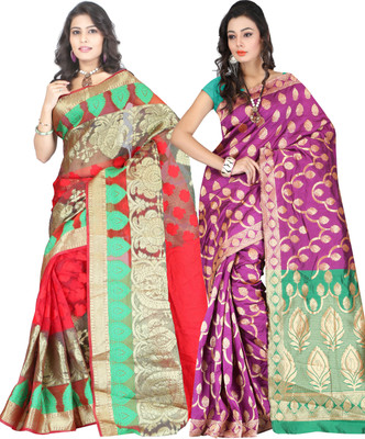

It's Banii Woven Banarasi Handloom Banarasi Silk Saree(Pack of 2, Red, Pink), Pink;red