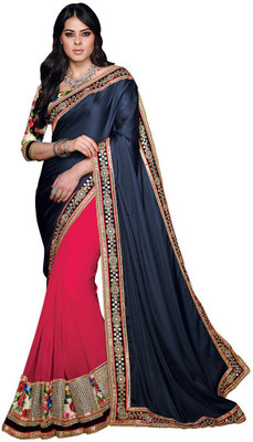 

Desi Butik Embroidered Fashion Georgette Saree(Pink, Blue), Pink and navy blue