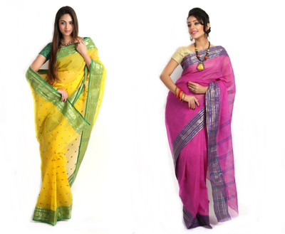 

Purabi Woven Fashion Handloom Cotton Saree(Pack of 2, Yellow, Pink), Pink;yellow