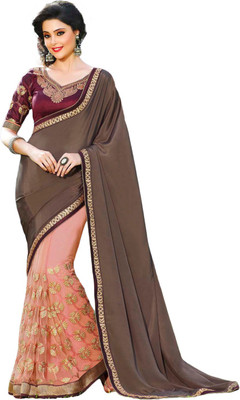 

Brijraj Embroidered Fashion Net Saree(Brown, Orange)