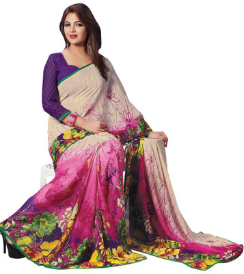 

Saara Printed Fashion Georgette Saree(White, Pink), Off-white & pink