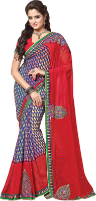 

Khoobee Self Design, Embroidered, Embellished Fashion Chiffon Saree(Red, Blue), Blue;red