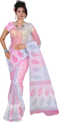 

Kanheyas Striped Maheshwari Handloom Cotton, Polycotton Saree(Pink, White), Pink and white