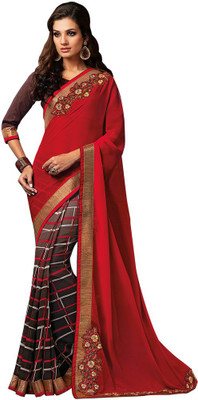 

Desi Butik Embroidered Fashion Georgette Saree(Red, Brown, Black), Red and brown and black