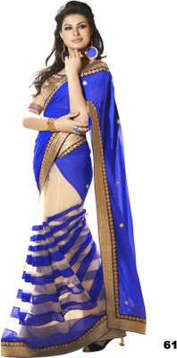 Dancing Girl Solid Bollywood Georgette Saree(Blue, White)
