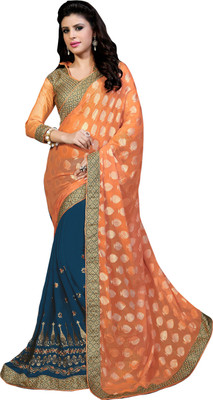 

Khushali Self Design, Embroidered, Embellished Fashion Georgette, Jacquard Saree(Orange, Blue, Beige), Beige;blue;orange