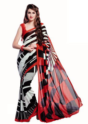 

Jiya Self Design, Printed Fashion Georgette Saree(Black, White, Red), Black;red;white