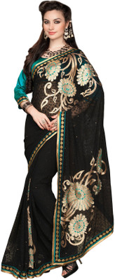 

Khushali Self Design, Embroidered, Embellished Fashion Georgette Saree(Black, Light Blue)