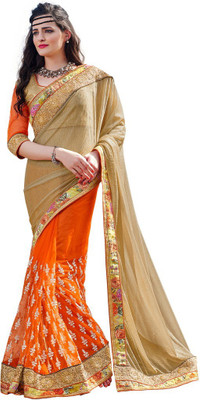 Desi Butik Embroidered Fashion Lycra, Net Saree(Gold, Orange)