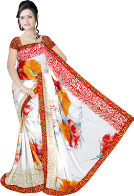 

Khoobee Printed Fashion Georgette Saree(White, Orange), Orange;white