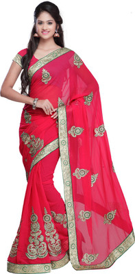 Desi Butik Embroidered Fashion Art Silk Saree(Pink), Peach