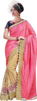 

Khushali Self Design, Embroidered, Embellished Fashion Net, Silk Saree(Pink, Beige, Dark Blue), Beige;dark blue;pink
