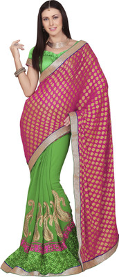 

Khushali Self Design, Embroidered Fashion Chiffon Saree(Pink, Green), Green;rani