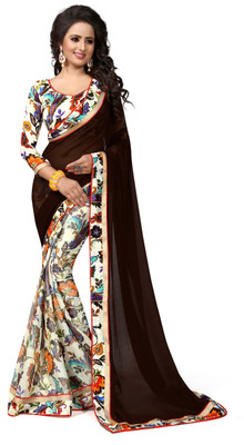 Indianbeauty Self Design, Printed Bollywood Georgette Saree(Brown, Beige), Beige;brown