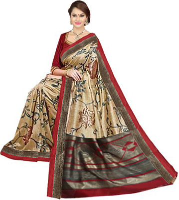 

Ishin Printed Bhagalpuri Art Silk Saree(Beige), Beige & maroon