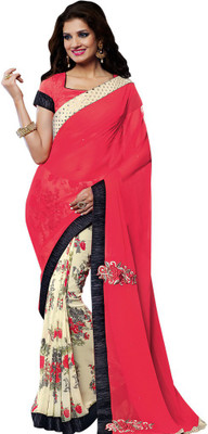 

Desi Butik Embroidered Fashion Georgette Saree(Pink, White), Pink and cream