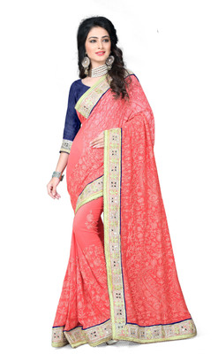 

Khoobee Self Design, Embroidered, Embellished Fashion Georgette Saree(Pink)
