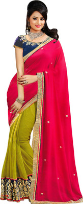 Indian Wear Online Embroidered Fashion Georgette Saree(Pink, Green), Green;pink
