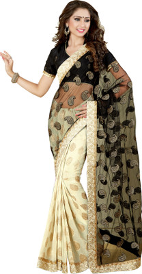 

Khoobee Self Design, Embroidered Fashion Viscose, Net Saree(Black, White)