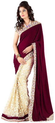 

Aksh Fashion Embroidered Bollywood Velvet, Net Saree(Maroon), Chiku;megenta