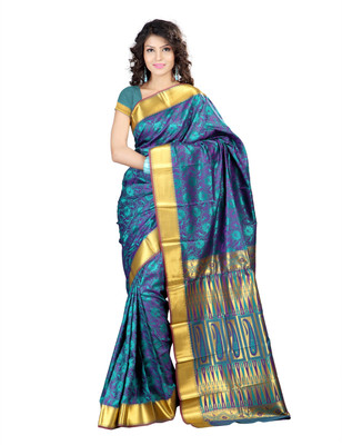 

Varkala Silk Sarees Woven Kanjivaram Jacquard Saree(Green, Purple), Rama green