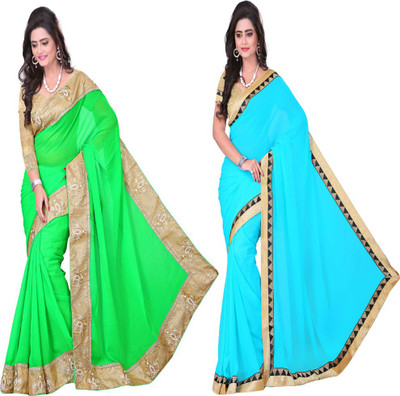 

Aai Shree Khodiyar Art Solid Bollywood Chiffon Saree(Pack of 2, Multicolor)