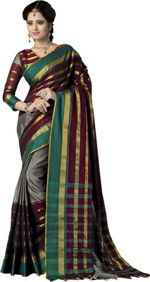 

Ishin Woven Fashion Cotton Saree(Grey), Gray & brown
