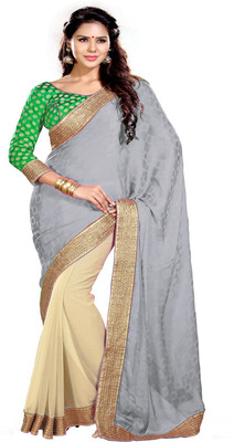 

Sourbh Sarees Self Design, Solid, Embroidered Fashion Jacquard, Chiffon Saree(Grey, Beige), Beige;grey