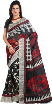 Anushree Saree Printed Bhagalpuri Khadi Saree(Multicolor), Black