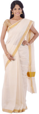 

Fashionkiosks Self Design Kasavu Handloom Cotton Saree(Multicolor), Cream