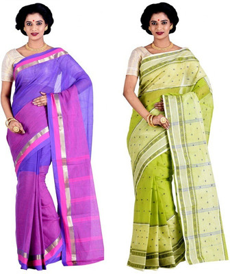 

Purabi Woven Tangail Cotton Saree(Pack of 2, Light Blue, Light Green)