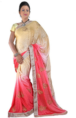 

Hawai Embroidered Fashion Chiffon Saree(Red, Gold), Gold;red