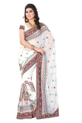 

JTInternational Embroidered Fashion Handloom Georgette Saree(Multicolor), Brown;white